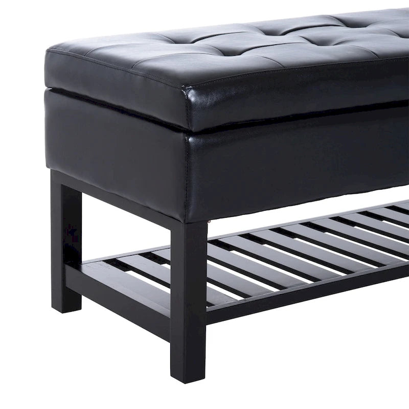 Black PU Leather Tufted Shoe Rack Ottoman Storage Bench with Slatted Base