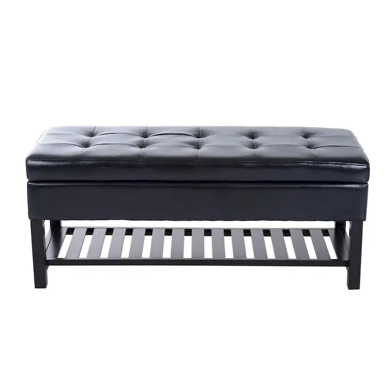 Black PU Leather Tufted Shoe Rack Ottoman Storage Bench with Slatted Base