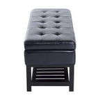 Black PU Leather Tufted Shoe Rack Ottoman Storage Bench with Slatted Base