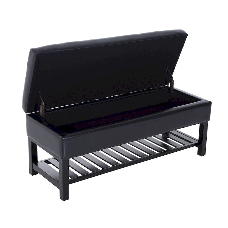 Black PU Leather Tufted Shoe Rack Ottoman Storage Bench with Slatted Base