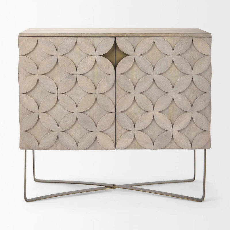 Light Brown Solid Wood w/ Gold Iron Base & 2 Door Accent Cabinet