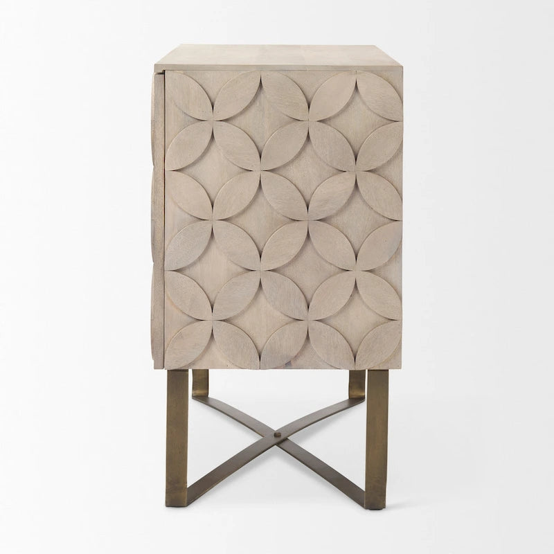 Light Brown Solid Wood w/ Gold Iron Base & 2 Door Accent Cabinet