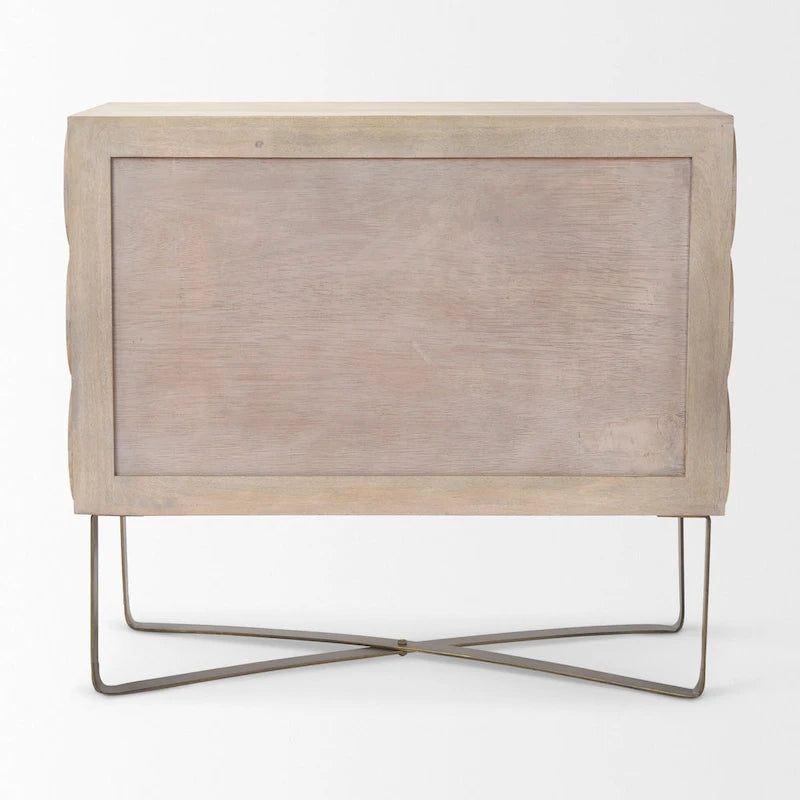Light Brown Solid Wood w/ Gold Iron Base & 2 Door Accent Cabinet