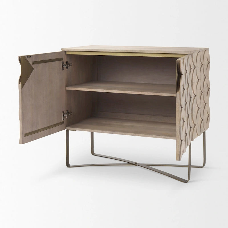 Light Brown Solid Wood w/ Gold Iron Base & 2 Door Accent Cabinet