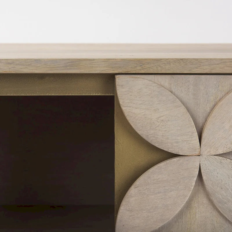 Light Brown Solid Wood w/ Gold Iron Base & 2 Door Accent Cabinet