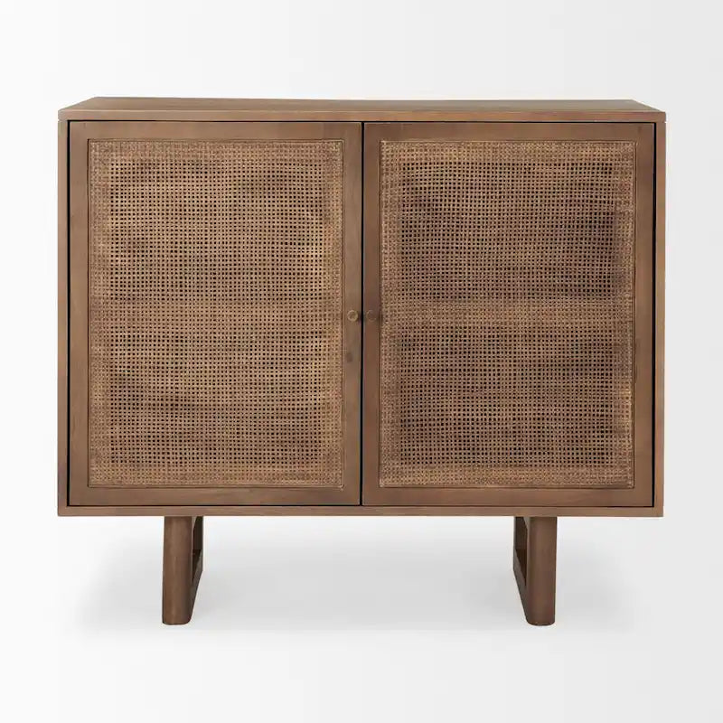 Medium Brown Solid Wood w/ Cane Doors Accent Cabinet