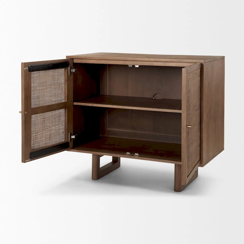 Medium Brown Solid Wood w/ Cane Doors Accent Cabinet