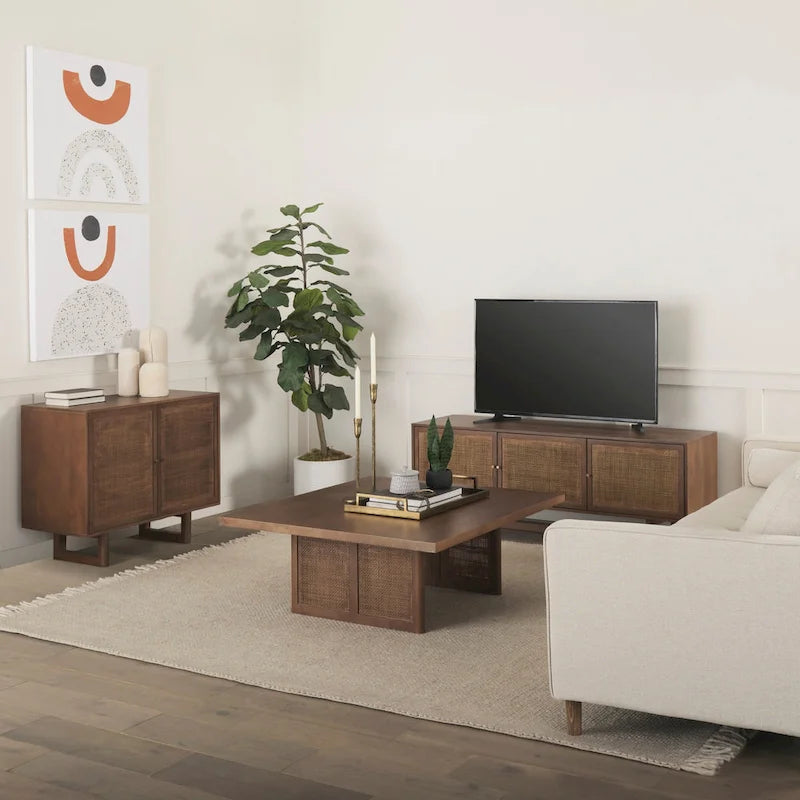 Medium Brown Solid Wood w/ Cane Doors Accent Cabinet