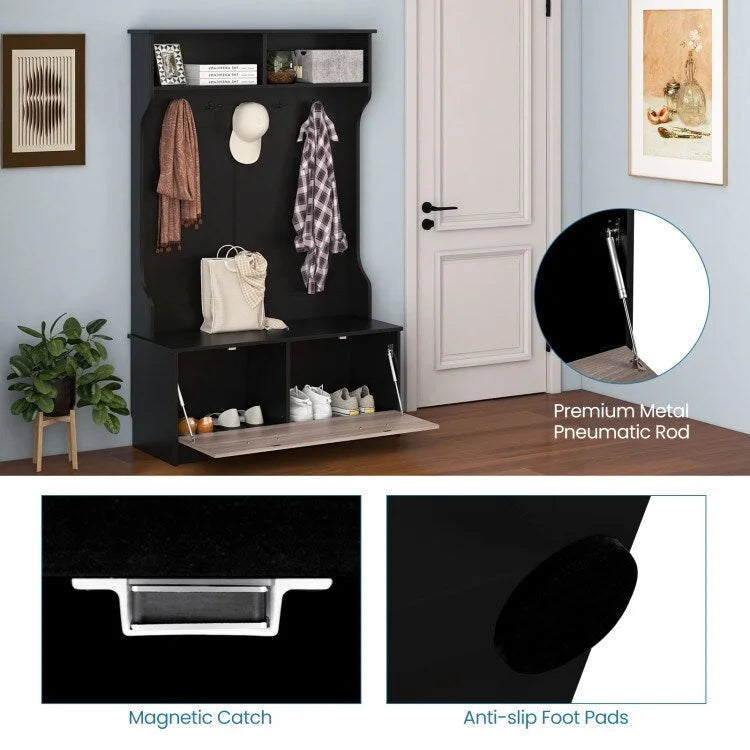 3 in 1 Coat Rack with Entryway Bench and Hooks and Enclosed Cabinet - 39.5 x 16 x 63