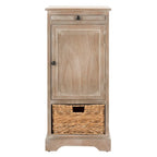 Red Tall Storage Unit with Two Shelves, Woven Basket, and Pull-Out Writing Surface