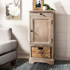 Red Tall Storage Unit with Two Shelves, Woven Basket, and Pull-Out Writing Surface