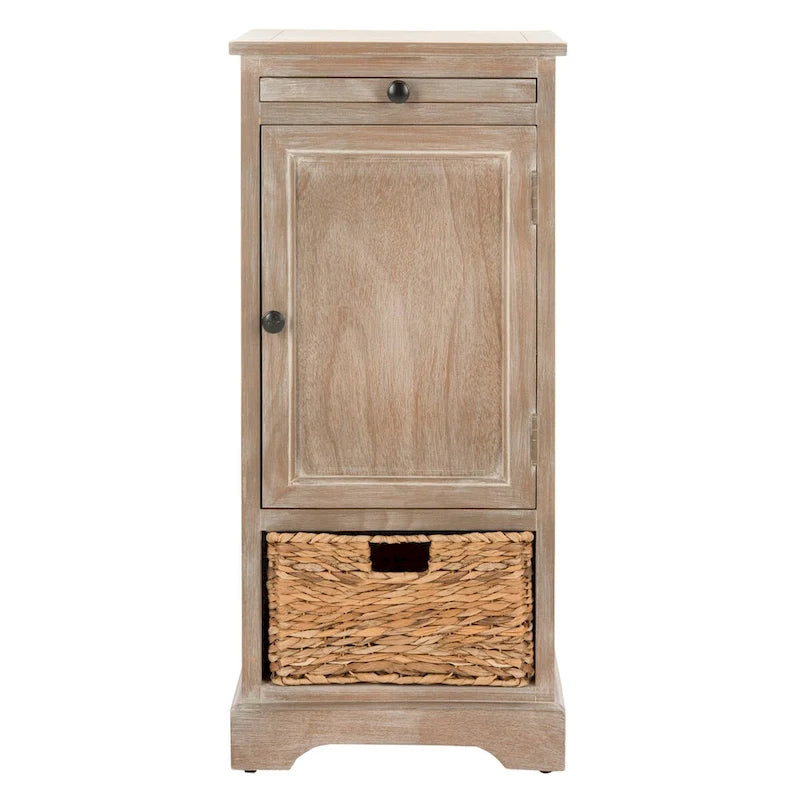 Red Tall Storage Unit with Two Shelves, Woven Basket, and Pull-Out Writing Surface