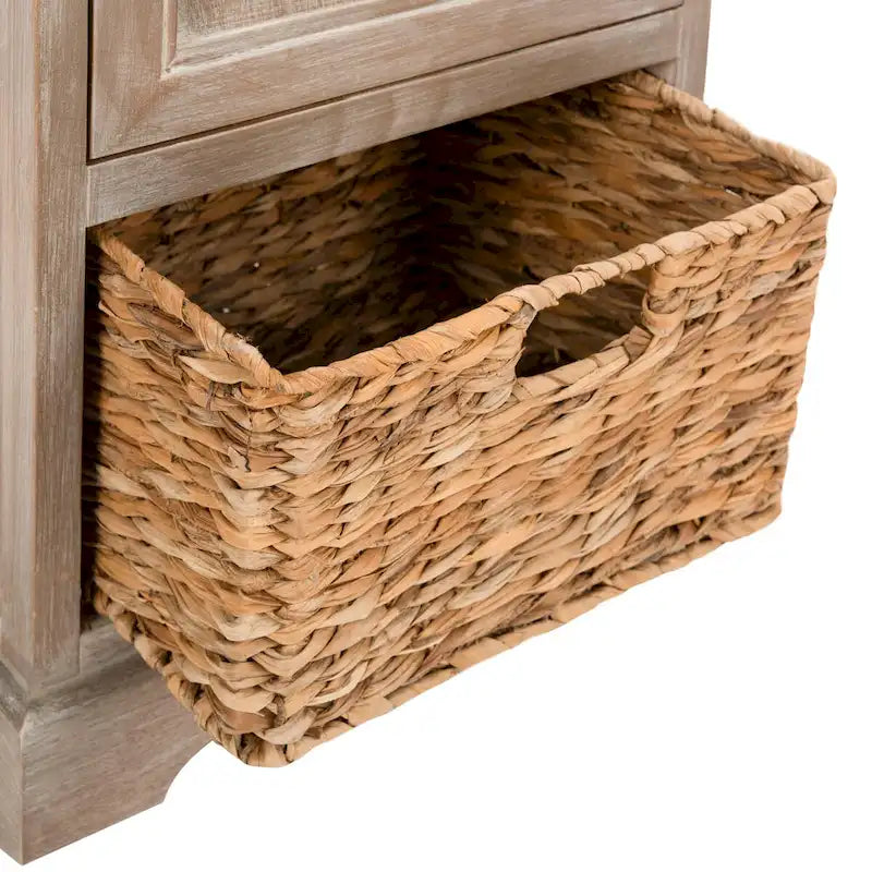 Red Tall Storage Unit with Two Shelves, Woven Basket, and Pull-Out Writing Surface