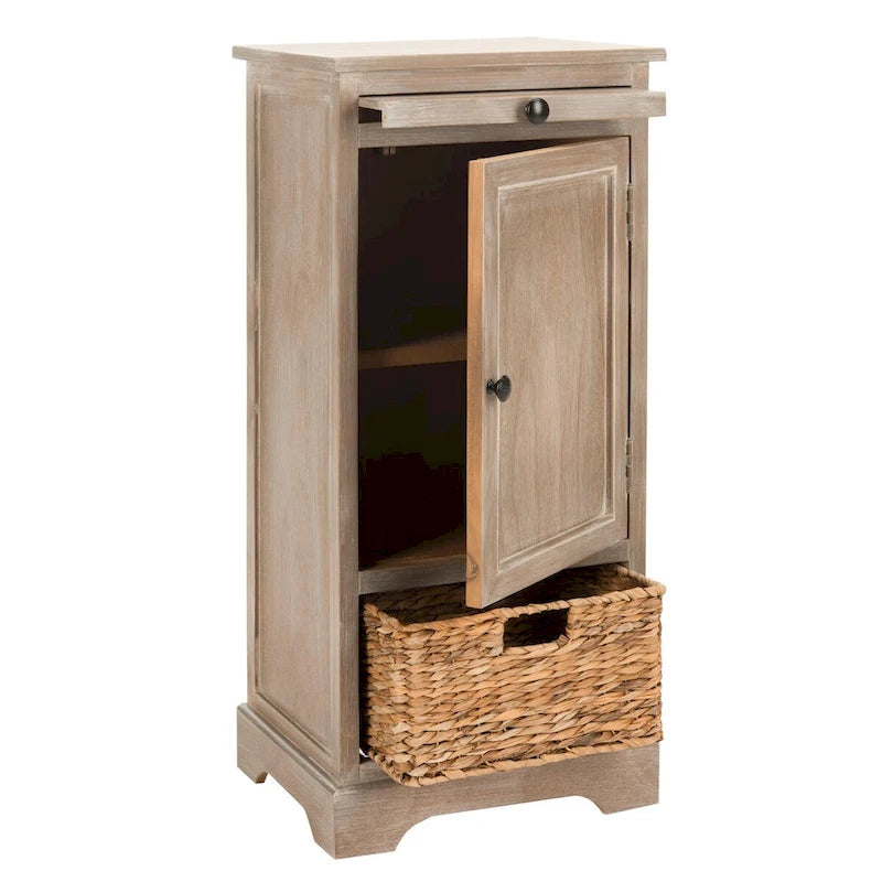 Red Tall Storage Unit with Two Shelves, Woven Basket, and Pull-Out Writing Surface