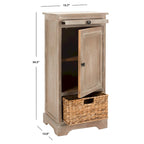 Red Tall Storage Unit with Two Shelves, Woven Basket, and Pull-Out Writing Surface