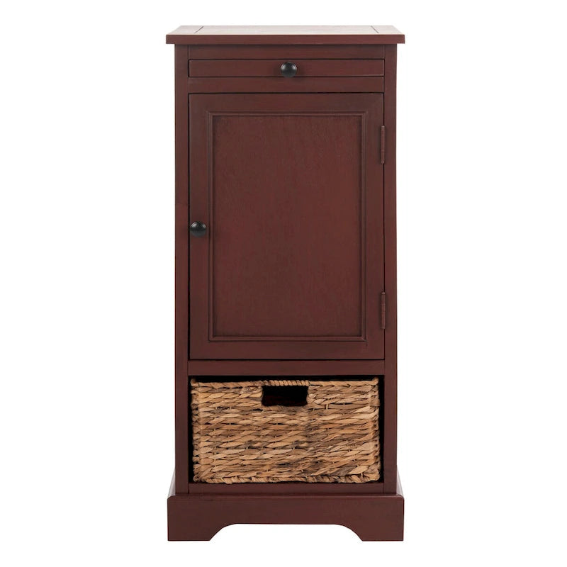 Red Tall Storage Unit with Two Shelves, Woven Basket, and Pull-Out Writing Surface