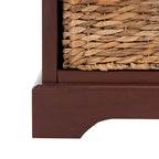 Red Tall Storage Unit with Two Shelves, Woven Basket, and Pull-Out Writing Surface