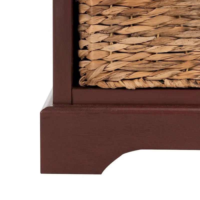 Red Tall Storage Unit with Two Shelves, Woven Basket, and Pull-Out Writing Surface