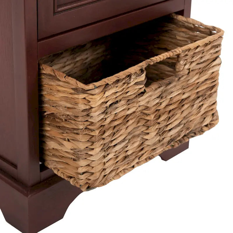 Red Tall Storage Unit with Two Shelves, Woven Basket, and Pull-Out Writing Surface