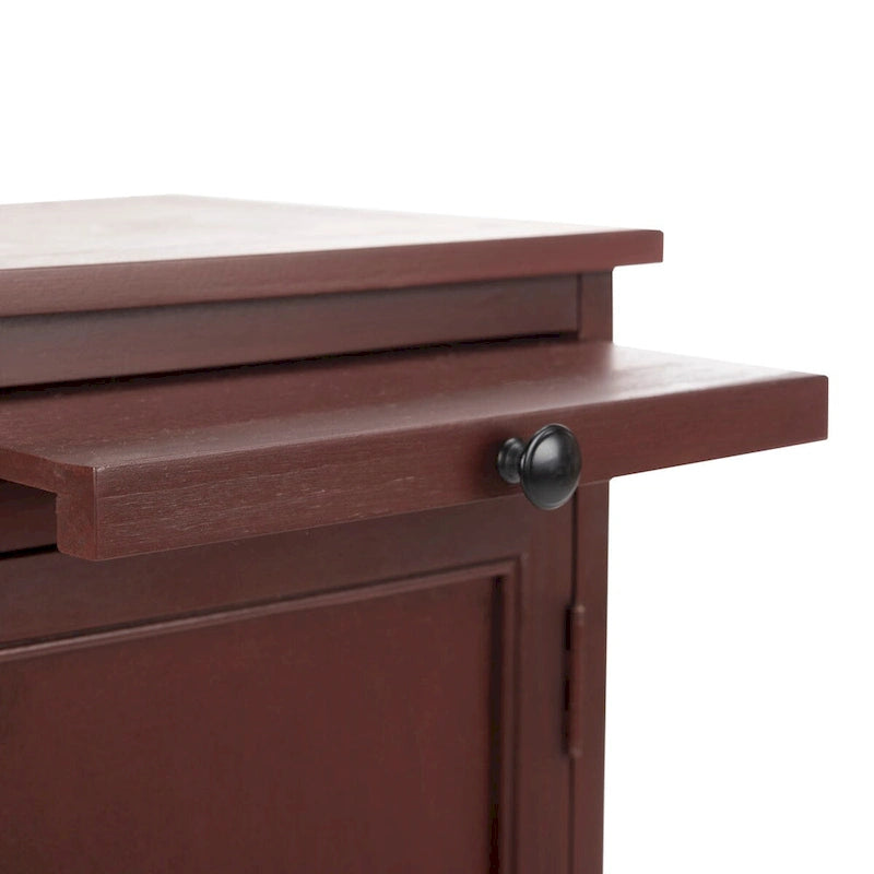Red Tall Storage Unit with Two Shelves, Woven Basket, and Pull-Out Writing Surface