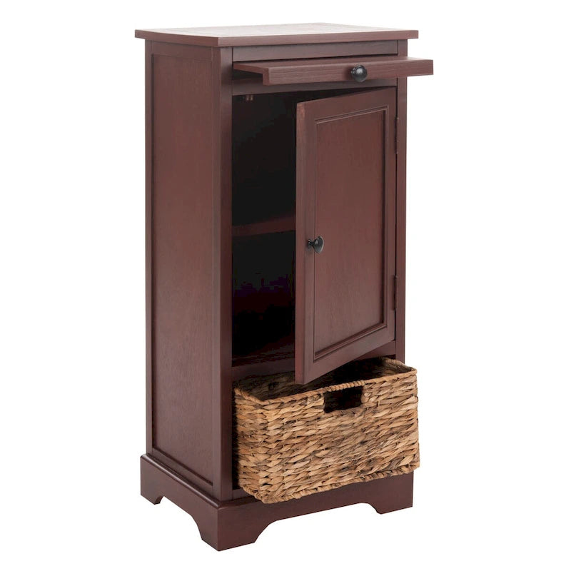 Red Tall Storage Unit with Two Shelves, Woven Basket, and Pull-Out Writing Surface