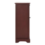 Red Tall Storage Unit with Two Shelves, Woven Basket, and Pull-Out Writing Surface