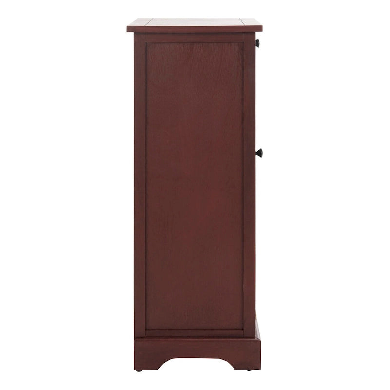Red Tall Storage Unit with Two Shelves, Woven Basket, and Pull-Out Writing Surface