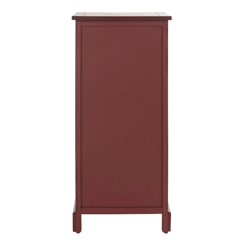 Red Tall Storage Unit with Two Shelves, Woven Basket, and Pull-Out Writing Surface