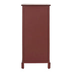 Red Tall Storage Unit with Two Shelves, Woven Basket, and Pull-Out Writing Surface