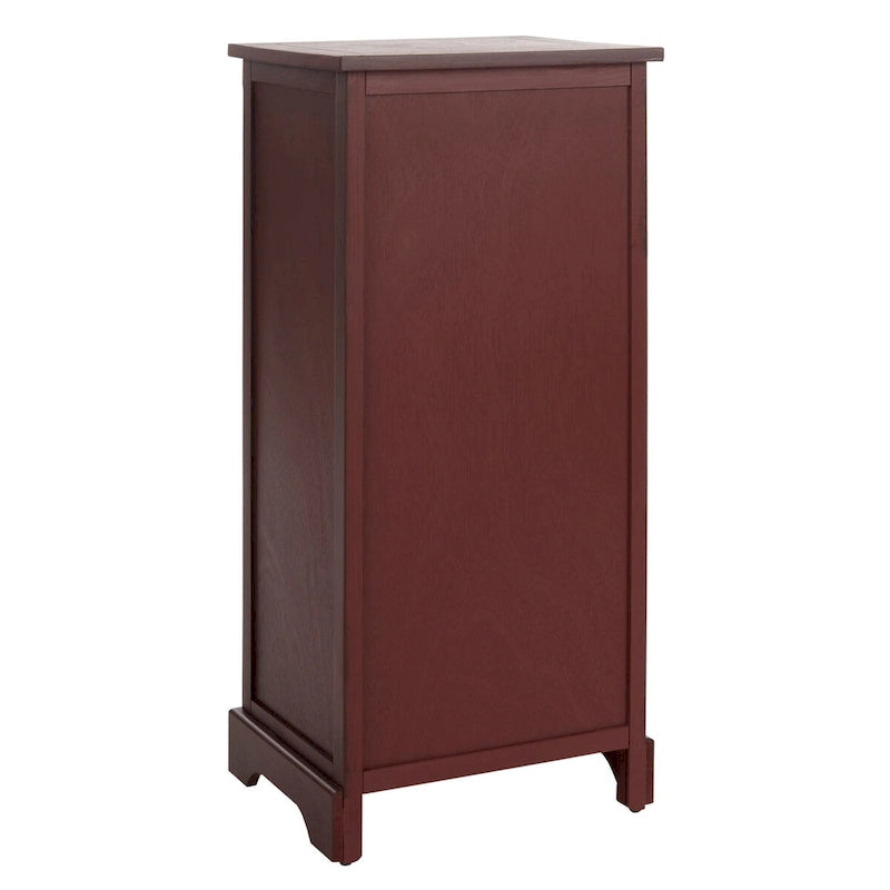 Red Tall Storage Unit with Two Shelves, Woven Basket, and Pull-Out Writing Surface