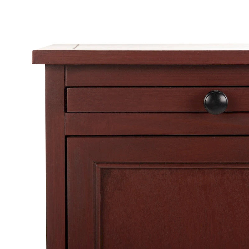Red Tall Storage Unit with Two Shelves, Woven Basket, and Pull-Out Writing Surface