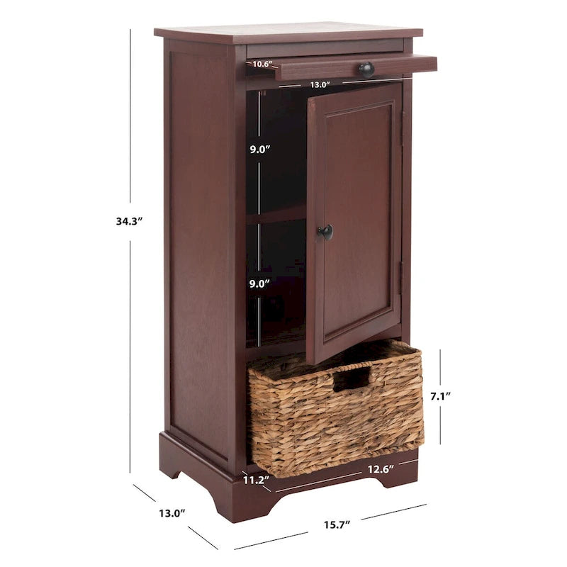 Red Tall Storage Unit with Two Shelves, Woven Basket, and Pull-Out Writing Surface