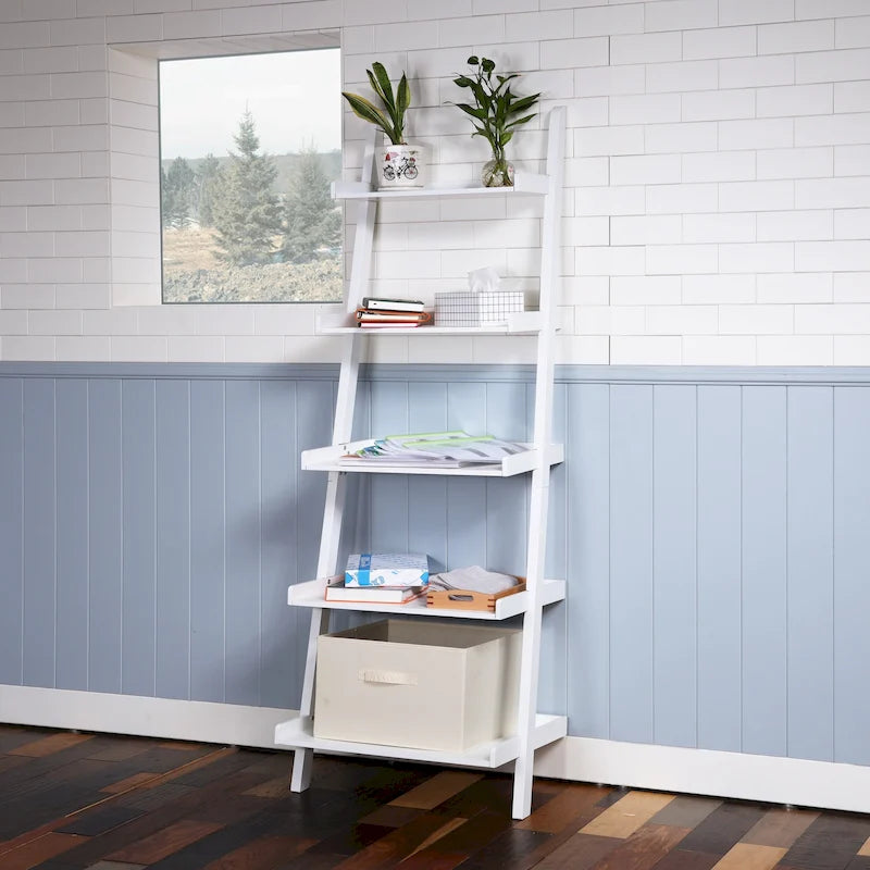 5-Tier Ladder Shelf Bookcase with Solid Wood Legs and Cantilever Design