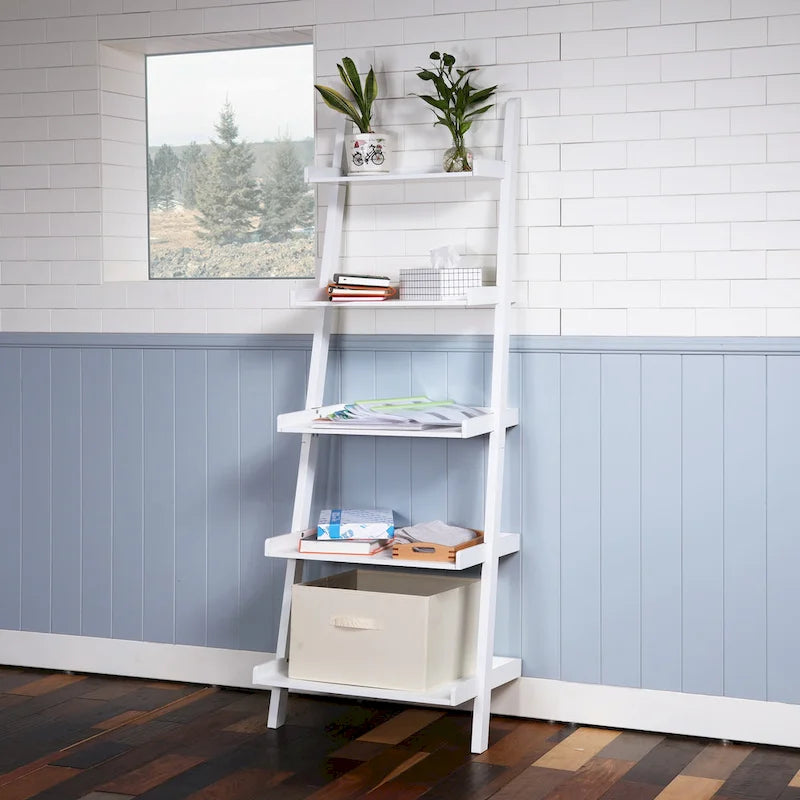 5-Tier Ladder Shelf Bookcase with Solid Wood Legs and Cantilever Design