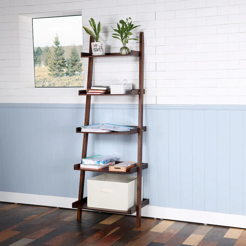 5-Tier Ladder Shelf Bookcase with Solid Wood Legs and Cantilever Design