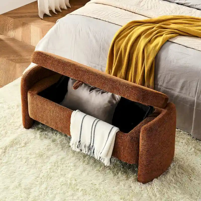 Banco Otomano Oval com Arrumação, Banco em Tecido Chenille com Grande Espaço de Armazenamento para a Sala de Estar, Hall de Entrada e Quarto