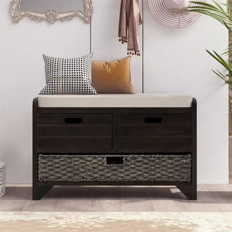 Wood Storage Bench with 2 Woven Baskets and 2 Drawers Acacia Frame