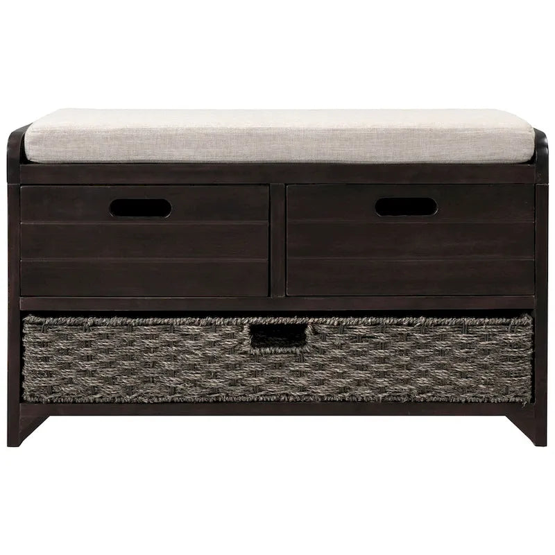 Wood Storage Bench with 2 Woven Baskets and 2 Drawers Acacia Frame