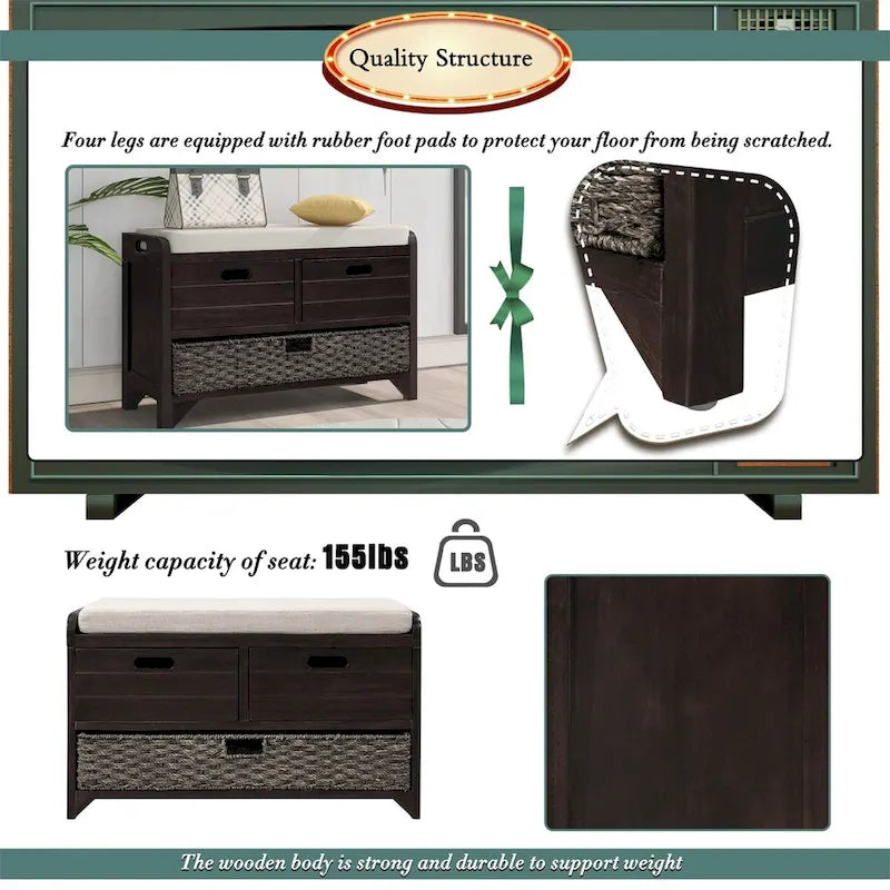 Wood Storage Bench with 2 Woven Baskets and 2 Drawers Acacia Frame