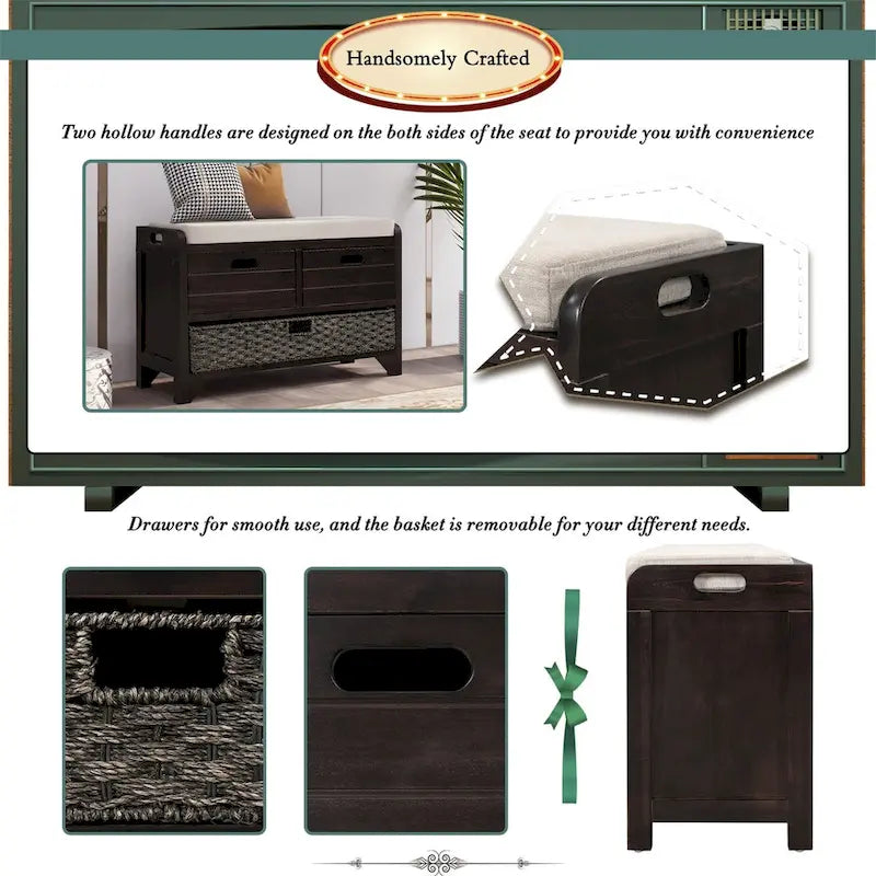 Wood Storage Bench with 2 Woven Baskets and 2 Drawers Acacia Frame