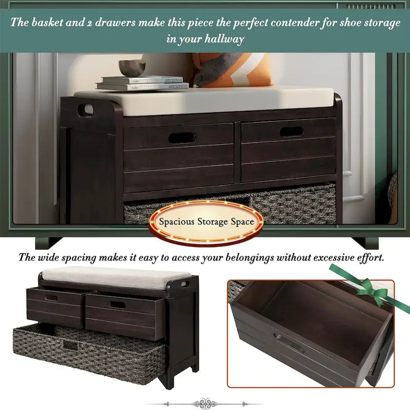 Wood Storage Bench with 2 Woven Baskets and 2 Drawers Acacia Frame