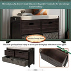 Wood Storage Bench with 2 Woven Baskets and 2 Drawers Acacia Frame