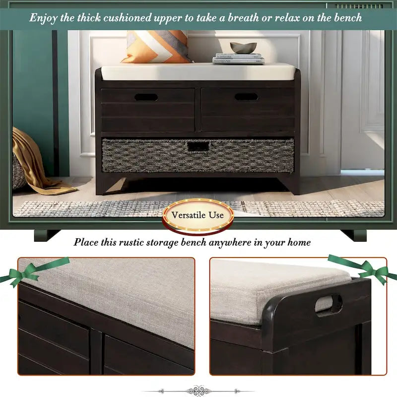 Wood Storage Bench with 2 Woven Baskets and 2 Drawers Acacia Frame