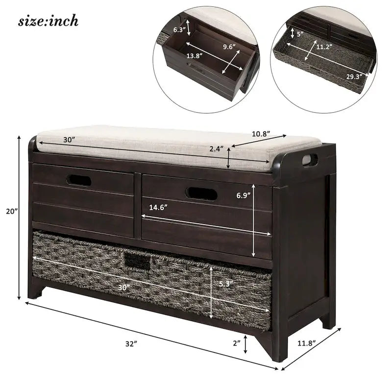 Wood Storage Bench with 2 Woven Baskets and 2 Drawers Acacia Frame