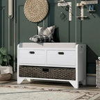 Wood Storage Bench with 2 Woven Baskets and 2 Drawers Acacia Frame
