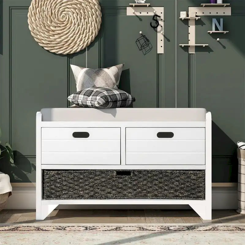 Wood Storage Bench with 2 Woven Baskets and 2 Drawers Acacia Frame