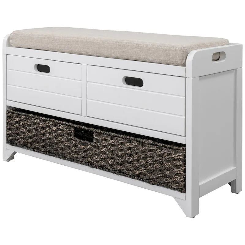 Wood Storage Bench with 2 Woven Baskets and 2 Drawers Acacia Frame