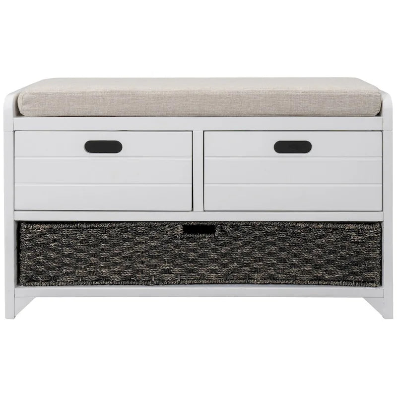 Wood Storage Bench with 2 Woven Baskets and 2 Drawers Acacia Frame
