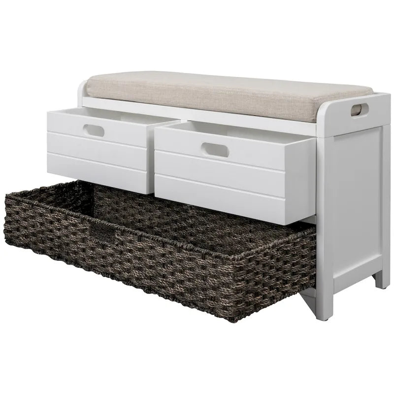 Wood Storage Bench with 2 Woven Baskets and 2 Drawers Acacia Frame