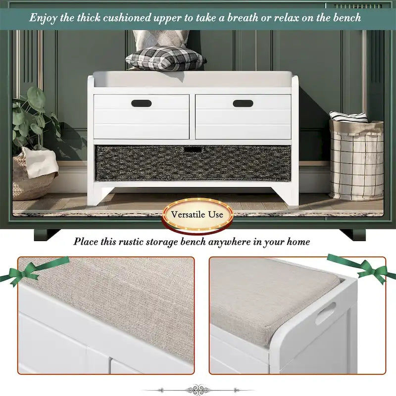 Wood Storage Bench with 2 Woven Baskets and 2 Drawers Acacia Frame